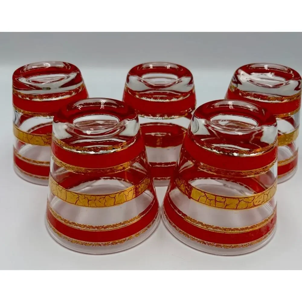 Vintage Set of 5 Red and 22k Gold Culver Alberto Double Old Fashion Glasses GUC